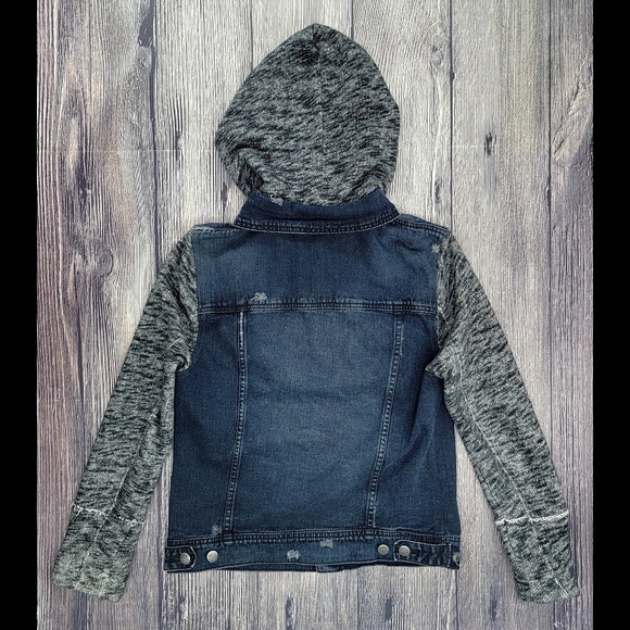 Free People Distressed Denim Jacket With Knit Sleeves and Hood - Picture 7 of 11